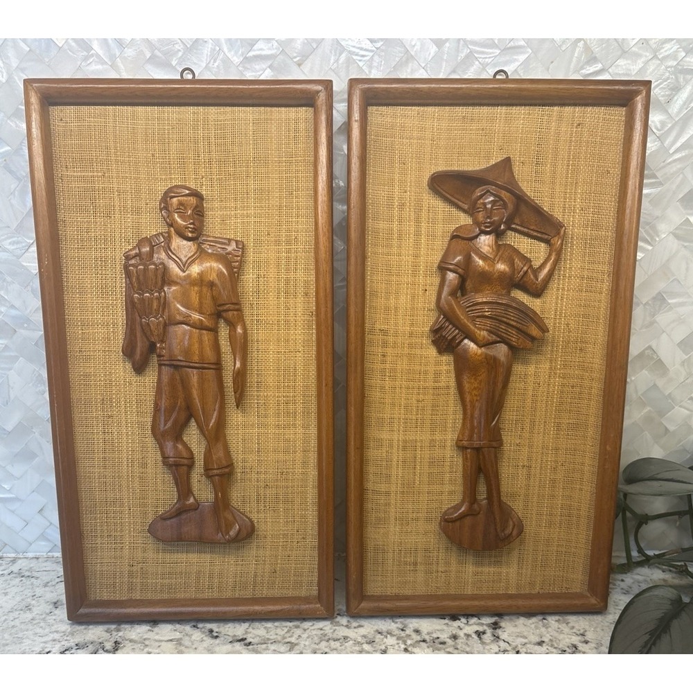 2 Vintage 1960s Mid Century Carved Teak Woman and Man Wall Plaques 15x8in wood